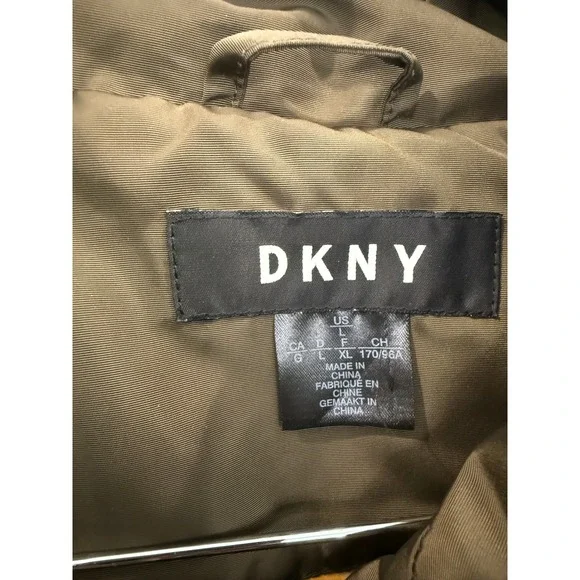 DKNY Women's Puffer Bomber Jacket Faux Fur Trim Hooded Khaki Olive Green - Picture 3 of 7